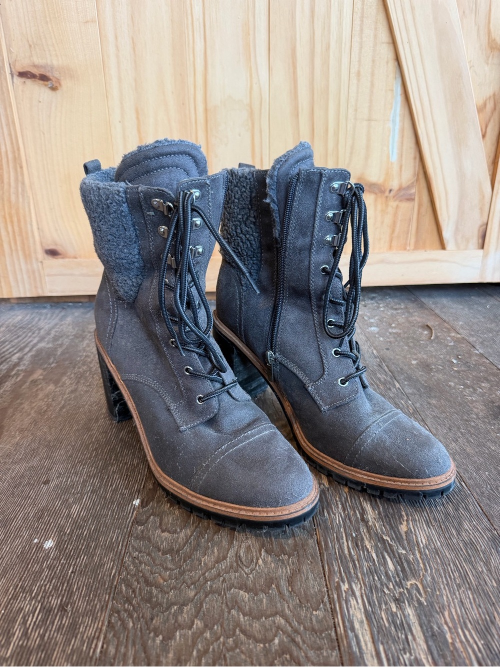 Nine West Charcoal Lace-Up Shearling Trim Ankle Booties